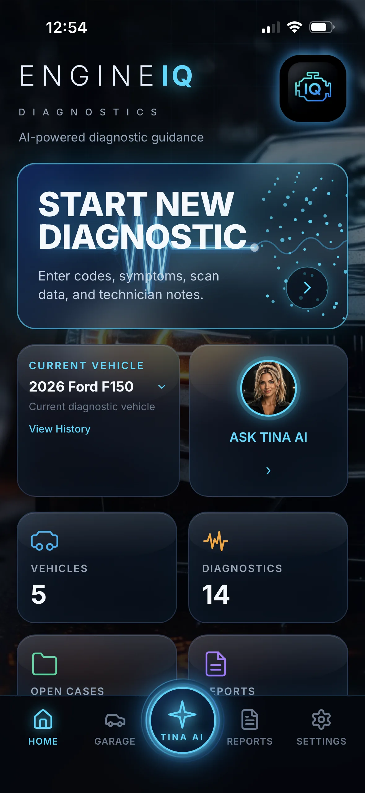 The EngineIQ app dashboard, showing current vehicle, diagnostics run and Ask Tina AI