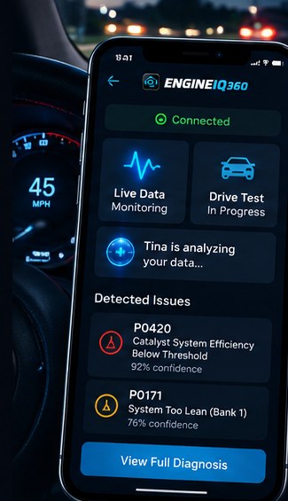 EngineIQ app showing a drive test in progress with live data monitoring and detected issues P0420 and P0171, each with a confidence score