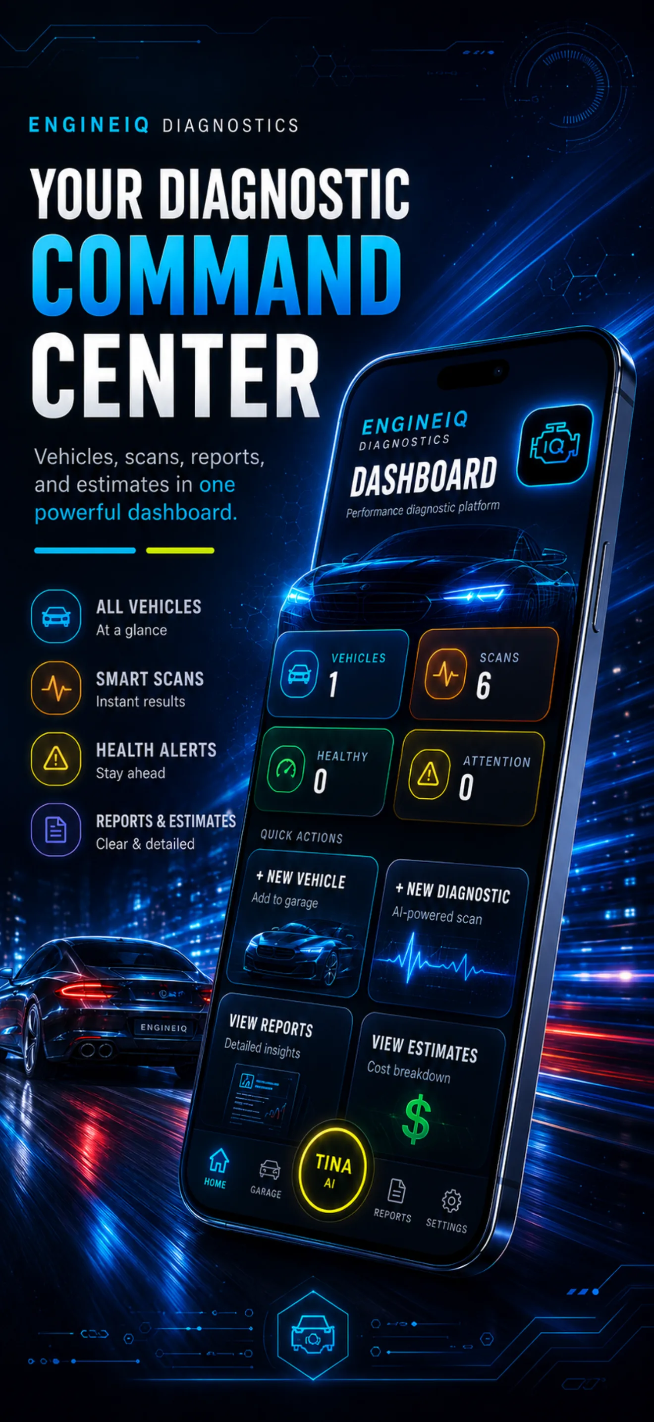 EngineIQ dashboard showing vehicle count, completed scans, health alerts and quick actions