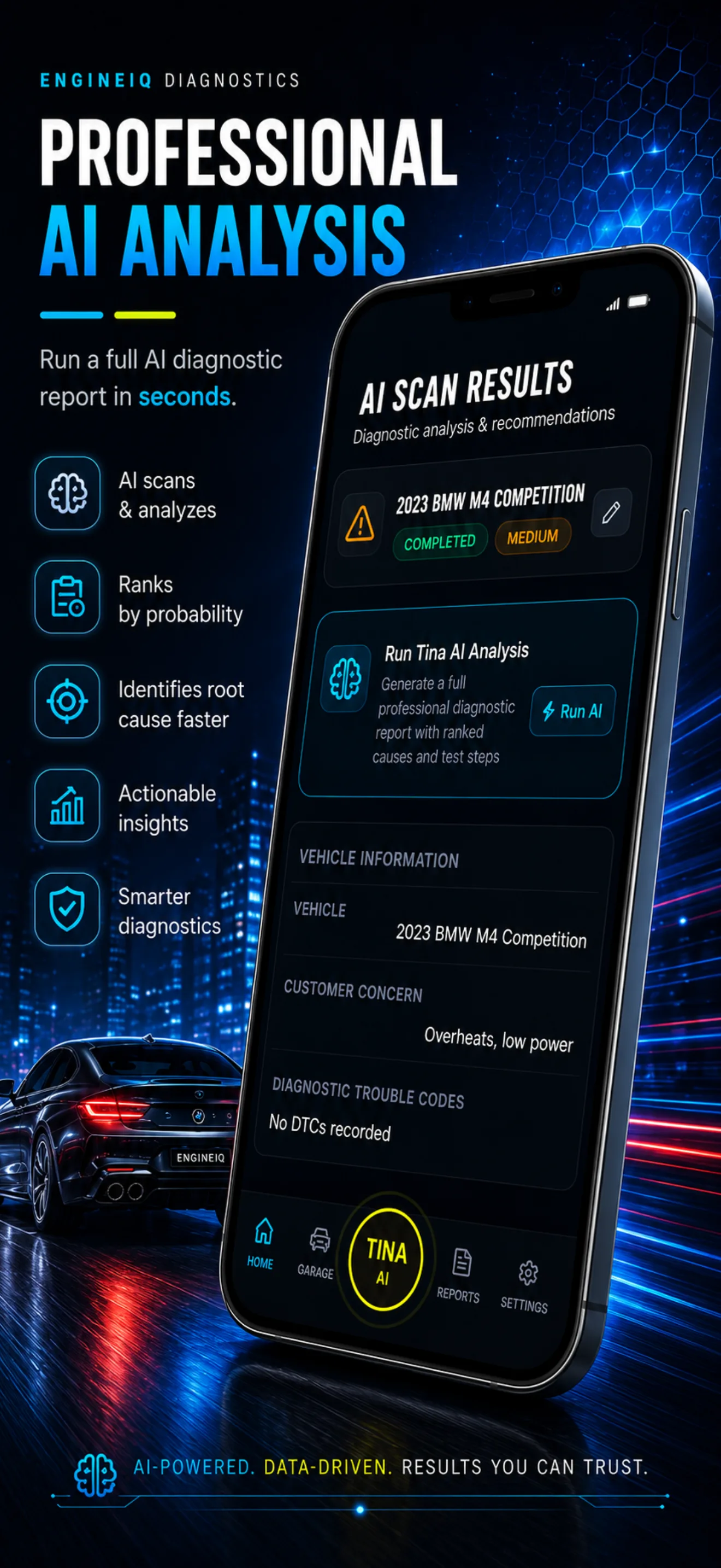 AI scan results for a 2023 BMW M4 Competition, with the customer concern and trouble codes listed