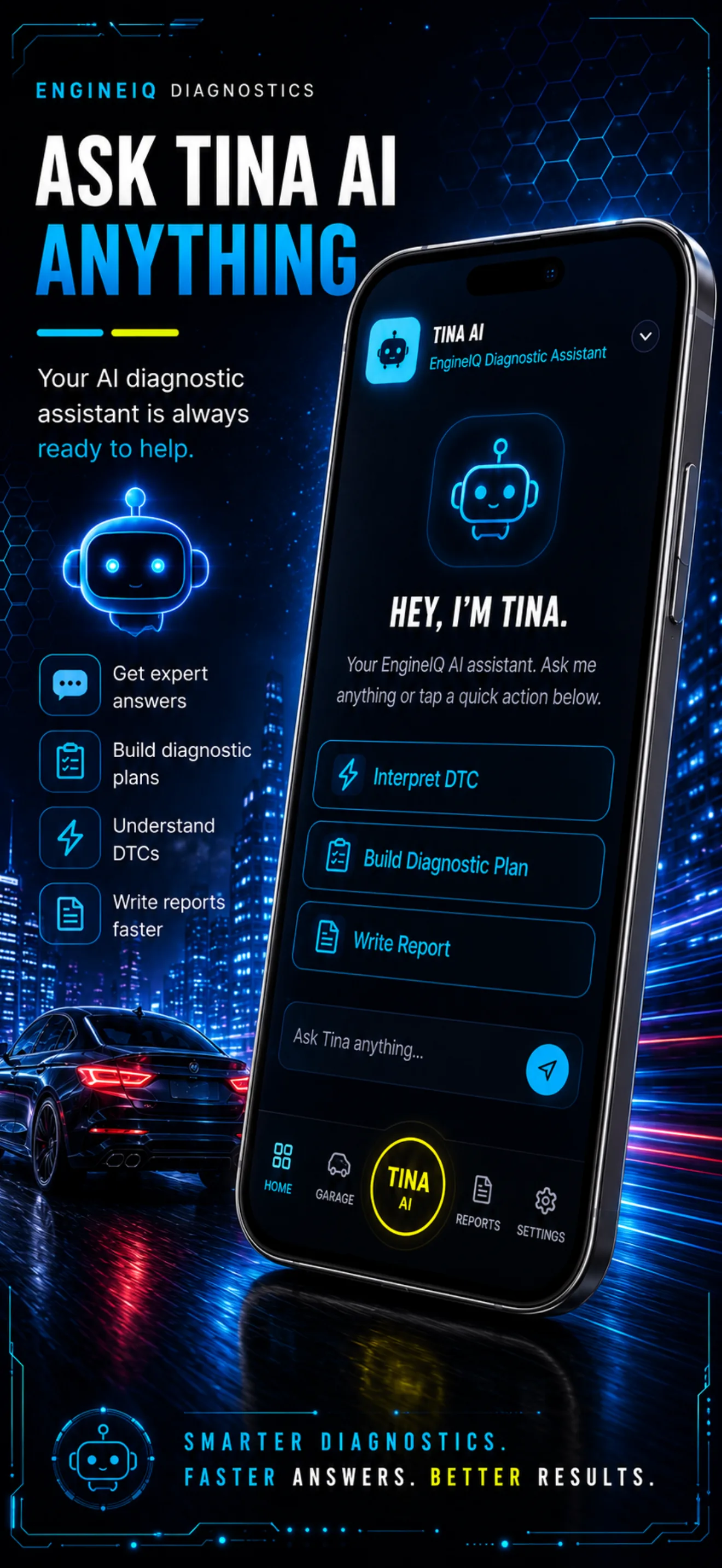 Tina, the EngineIQ AI assistant, offering to interpret a trouble code, build a diagnostic plan or write a report