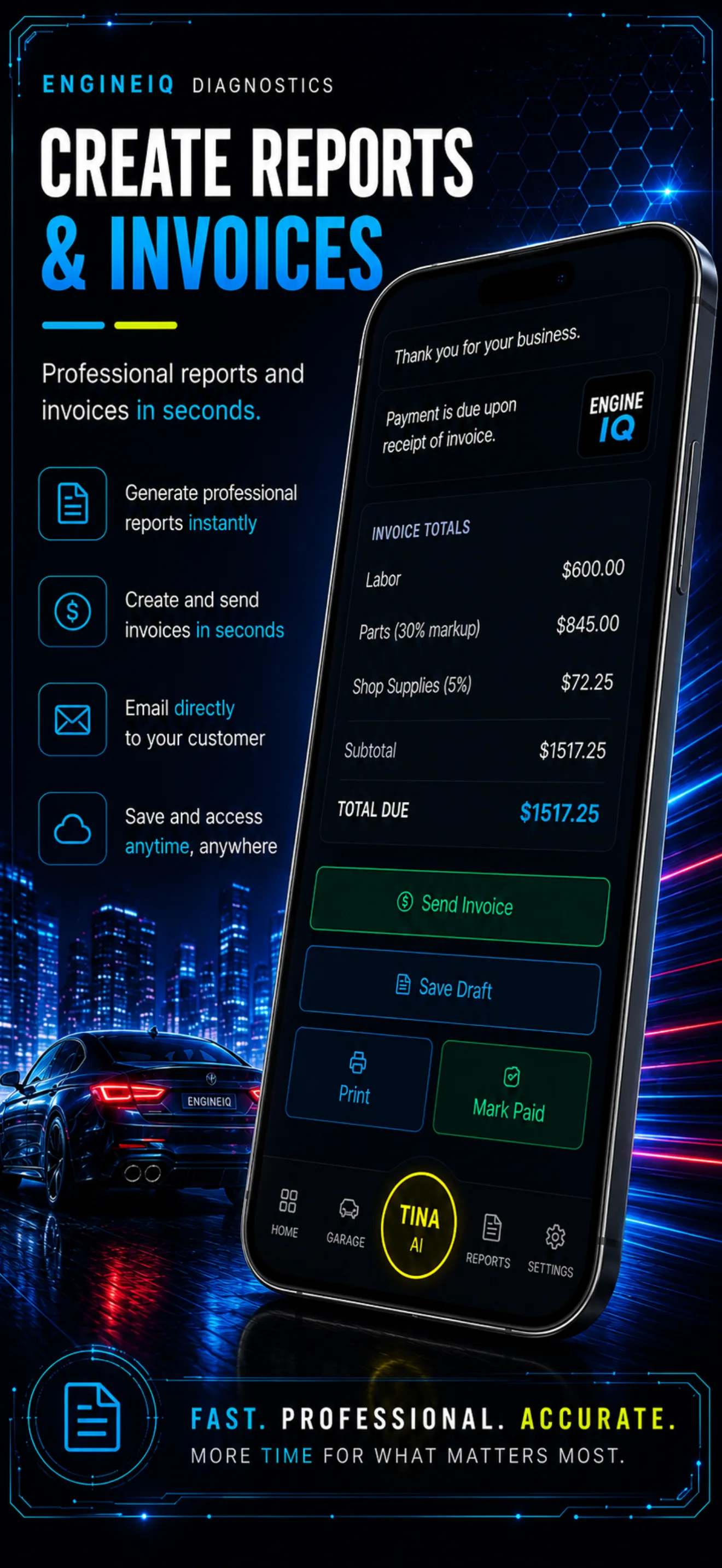 An EngineIQ invoice totaling labor, parts and shop supplies, ready to send or print