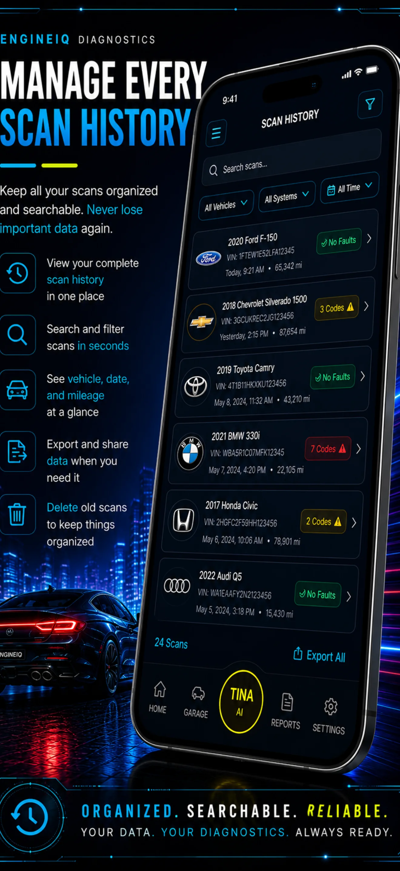 Scan history across several vehicles, each showing its VIN, mileage and fault count